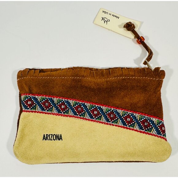 Handcrafted Arizona Suede Pouch With Beaded Accent & Fringe Detailing Travel - Picture 8 of 12